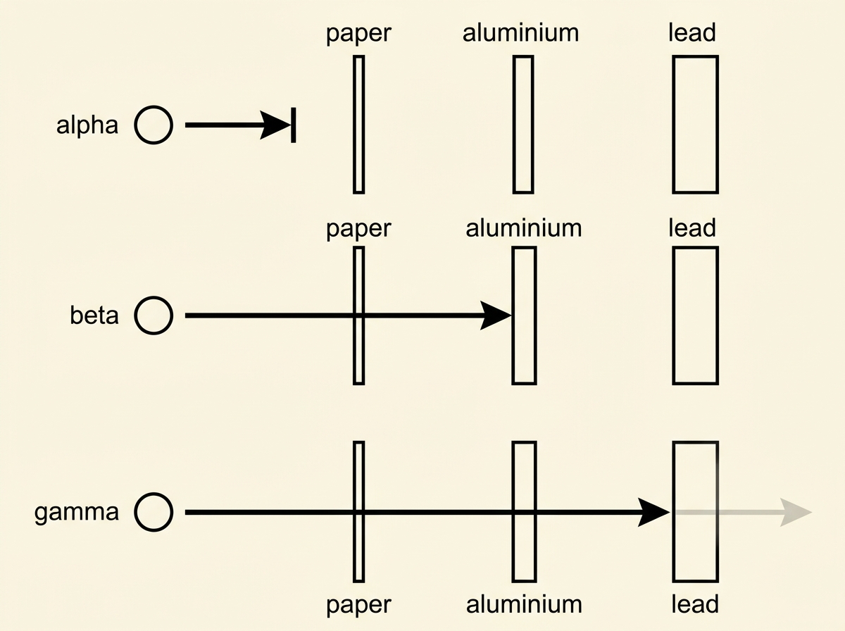 A flat black-and-white educational diagram on a cream background showing three horizontal rows, one above the other, each illustrating a different type of radiation approaching from the left and being stopped by a labelled barrier material. Each row contains, from left to right: a small circle representing a radioactive source on the far left, a short horizontal arrow travelling rightward toward a vertical rectangular barrier positioned about a third of the way across the frame, and to the right of the barrier either a short stub of arrow that stops immediately at the barrier or a long arrow that continues past it toward the right edge of the frame. Top row: source labelled alpha, arrow travels a short distance and stops completely at a thin vertical rectangle labelled paper, with no arrow continuing beyond it. Middle row: source labelled beta, arrow travels further and passes through a thin vertical rectangle labelled paper without stopping, then stops completely at a second, thicker vertical rectangle labelled aluminium positioned further to the right, with no arrow continuing beyond that second barrier. Bottom row: source labelled gamma, arrow travels the full width of the frame, passing through both a thin rectangle labelled paper and a thicker rectangle labelled aluminium without stopping, only losing most of its length (shown by the arrow finishing as a fainter, thinner line rather than stopping abruptly) after passing through a third, thickest vertical rectangle labelled lead positioned near the right edge of the frame. All three rows are vertically stacked with equal spacing and aligned so the source, paper barrier, aluminium barrier and lead barrier line up in the same four vertical positions across all three rows.