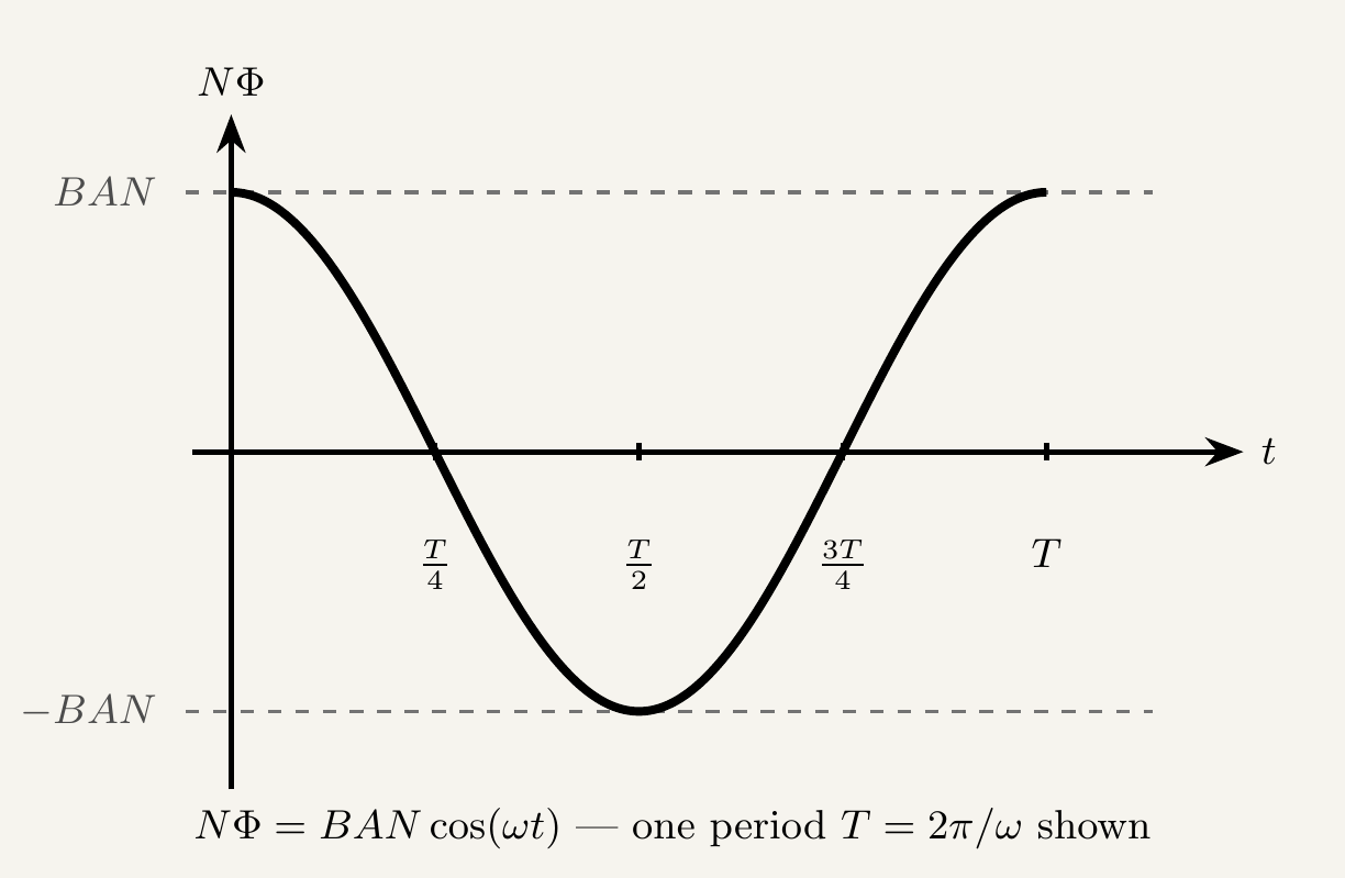 A graph of flux linkage N Phi against time t, showing a cosine wave starting at a maximum of B A N at t equals zero, falling through zero at t equals T over 4, reaching a minimum of minus B A N at t equals T over 2, rising back through zero at t equals three T over 4, and returning to its maximum of B A N at t equals T, one full period.