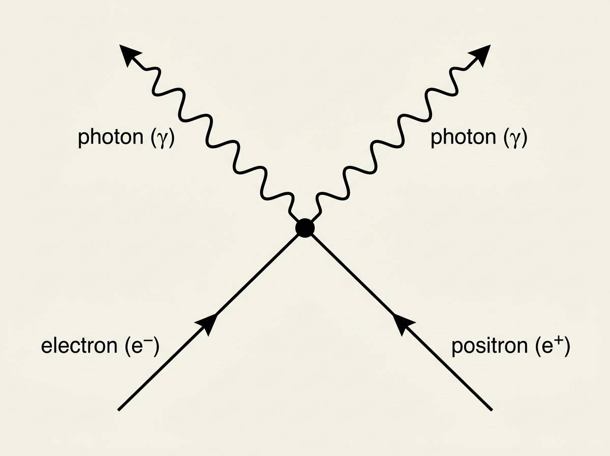 A single-vertex Feynman-style interaction diagram with time running upward, on a cream background with flat black lines. One straight line enters from the bottom left with an arrowhead pointing toward a single central vertex, labelled electron near its lower end. A second straight line enters from the bottom right with an arrowhead pointing toward the same central vertex, labelled positron near its lower end. From that same central vertex, two wavy lines diverge outward toward the top of the frame: one wavy line running up and to the left, labelled photon, and one wavy line running up and to the right, also labelled photon, the two wavy lines mirroring each other symmetrically about a vertical centre line through the vertex. A single small solid dot marks the shared vertex where all four lines meet.