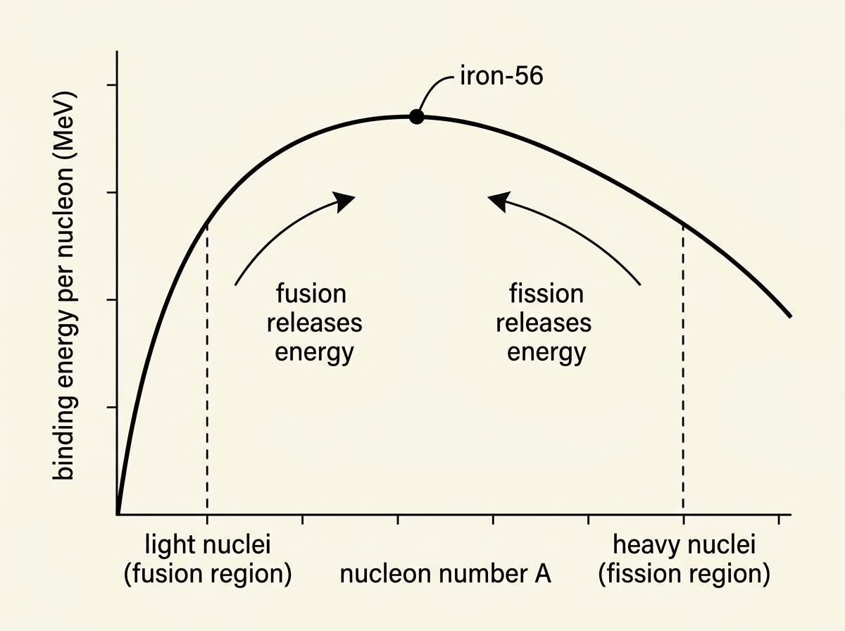 A flat black-and-white educational line graph on a cream background, showing binding energy per nucleon plotted against nucleon number. A vertical y-axis on the left is labelled binding energy per nucleon (MeV) and a horizontal x-axis along the bottom is labelled nucleon number A, both drawn as thin black lines with small tick marks, meeting at the bottom-left corner. A single continuous black curve starts at the origin area at low nucleon number, rises steeply from left to right through the low nucleon number region, reaches a clearly marked single peak roughly two-thirds of the way across the horizontal extent of the graph, then descends gradually and smoothly to the right for the remainder of the graph, ending at a lower height at the highest nucleon number on the right edge. A small filled circle marks the peak of the curve, with a horizontal leader line and text label beside it reading iron-56, positioned just above and to the right of the peak point. Two shorter vertical dashed guide lines drop from the curve to the x-axis: one positioned on the steep rising left-hand portion of the curve, with a label beneath the x-axis reading light nuclei (fusion region), and one positioned on the gently falling right-hand portion of the curve, with a label beneath the x-axis reading heavy nuclei (fission region). Two short curved arrows are drawn beneath the curve, not touching it: one on the left-hand side pointing rightward along the rising part of the curve labelled fusion releases energy, and one on the right-hand side pointing leftward along the falling part of the curve labelled fission releases energy. No other curves, gridlines, or numerical axis values are shown.