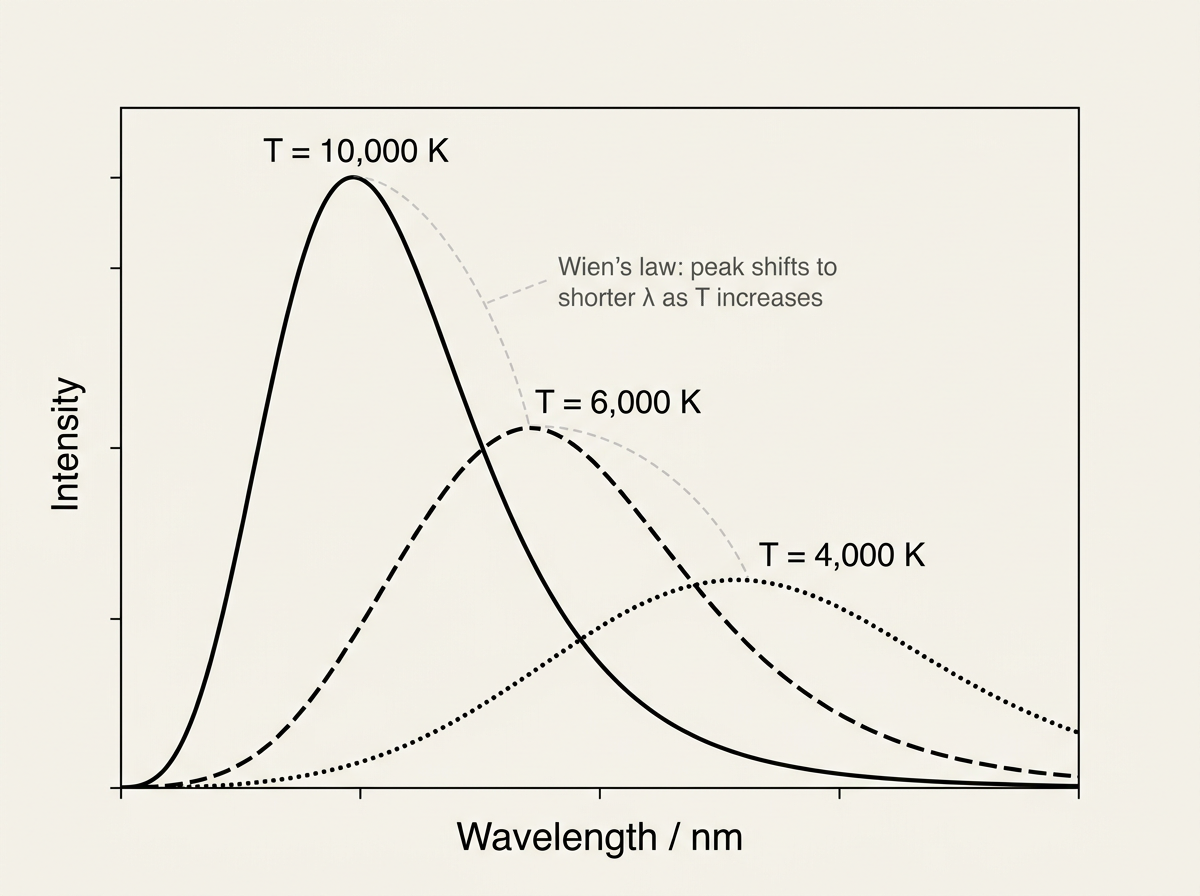 A graph of intensity against wavelength showing three black-body emission curves for different temperatures. The hottest curve has the tallest peak, shifted furthest to the left (shorter wavelength); the coolest curve has the lowest, broadest peak, shifted furthest to the right (longer wavelength). A dashed diagonal line traces Wien's law, connecting the peak of each curve to show that the peak wavelength decreases as temperature increases.