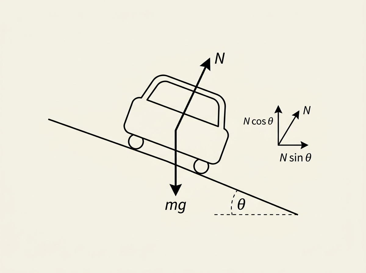 A car viewed from behind on a road banked at angle θ to the horizontal, showing the normal contact force N drawn perpendicular to the road surface and resolved into vertical and horizontal components, with the weight mg drawn as a separate downward arrow.