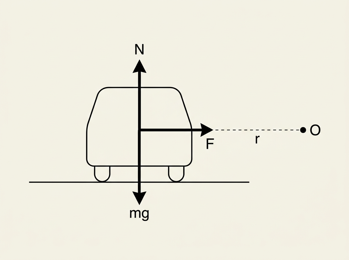 A car viewed from behind on a flat road, showing the weight mg acting downward, the normal contact force N acting upward, and the friction force F acting horizontally toward the centre of the curve.