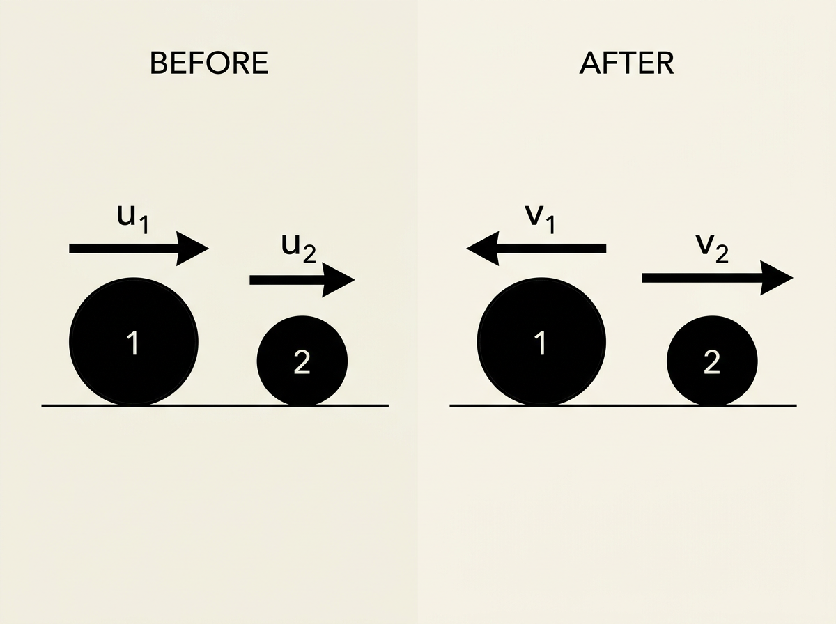 Two balls before and after a collision, showing their velocity directions in each state