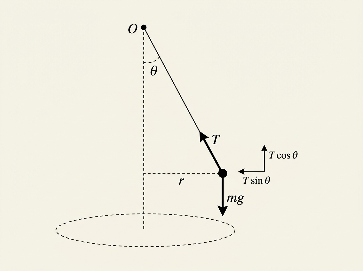 A conical pendulum: a mass on a string of length L, sweeping a horizontal circle of radius r at constant angle θ to the vertical, with the tension T resolved into vertical and horizontal components and the weight mg drawn as a separate downward arrow.