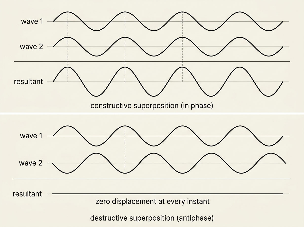 Two stacked panels on a cream background, each showing three horizontal wave traces one above another sharing the same horizontal time axis. Top panel, captioned constructive superposition (in phase): the first trace is a sine wave labelled wave 1, the second trace directly below is an identical sine wave in the same position labelled wave 2, both crests and troughs lining up exactly with dashed vertical guide lines connecting matching peaks between the two traces. The third trace, separated by a thin horizontal divider and labelled resultant, is a sine wave with double the amplitude of the two above it, same wavelength, crests aligned with the same dashed guide lines. Bottom panel, captioned destructive superposition (antiphase): the first trace is a sine wave labelled wave 1, the second trace directly below is the same sine wave shifted horizontally by half a wavelength labelled wave 2, so that its troughs align under wave 1's crests, shown with dashed vertical guide lines connecting a crest on wave 1 to a trough on wave 2 at the same horizontal position. The third trace, labelled resultant, is a flat horizontal line at zero displacement, captioned zero displacement at every instant. All traces drawn as simple thin black sine curves on the cream background, with a faint horizontal zero-line through each trace, no colour.