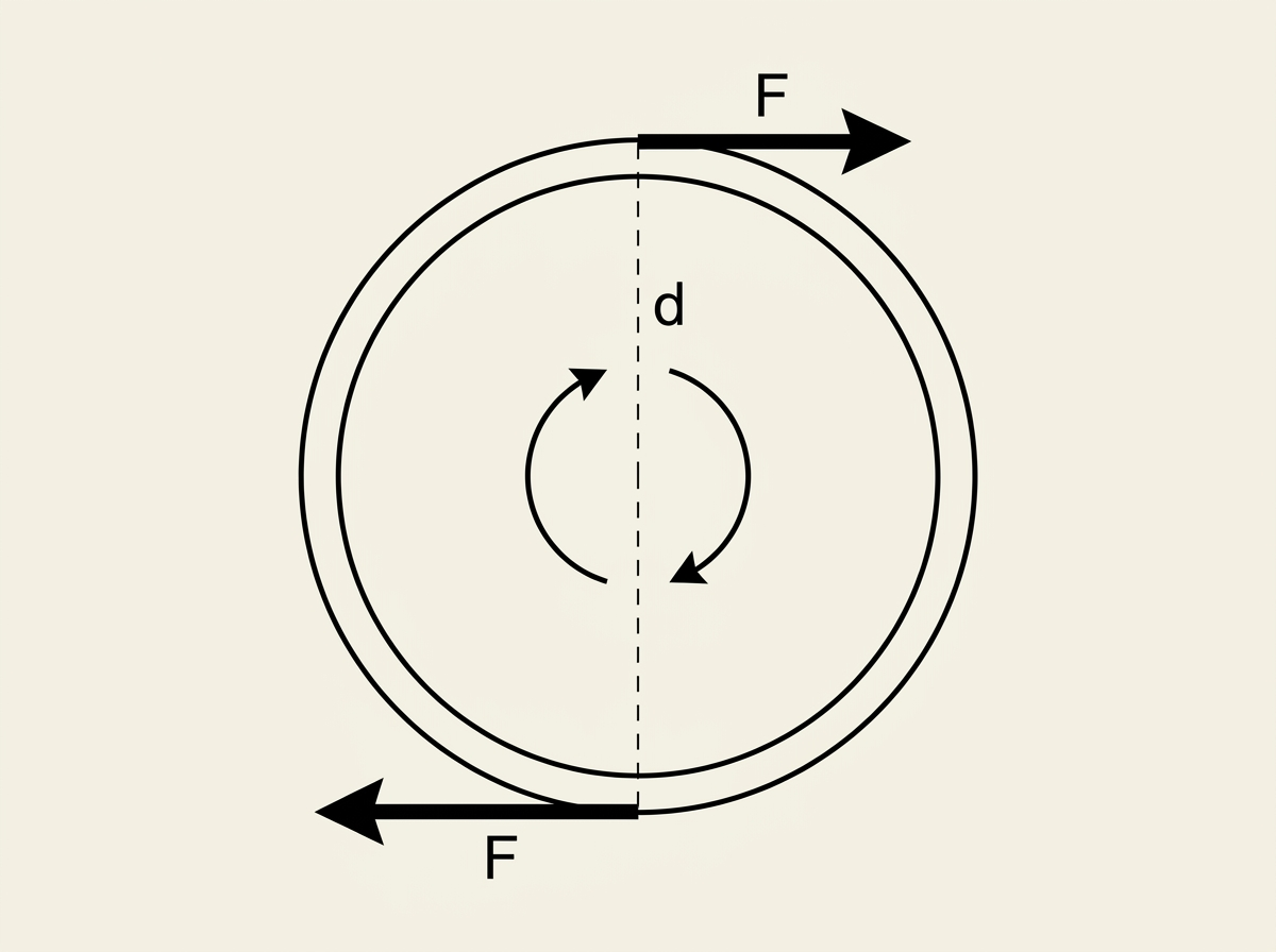 A diagram of a steering wheel viewed face-on as a circle. At the top of the wheel rim, a force arrow points to the right, labelled F. At the bottom of the wheel rim, a second force arrow of the same length points to the left, also labelled F, so the two arrows are parallel, equal in length, and point in opposite directions. A vertical dashed line connects the two arrows showing the perpendicular distance d between their two lines of action, measured through the centre of the wheel. Small curved arrows around the centre of the wheel indicate the resulting rotational turning effect produced by the pair of forces.