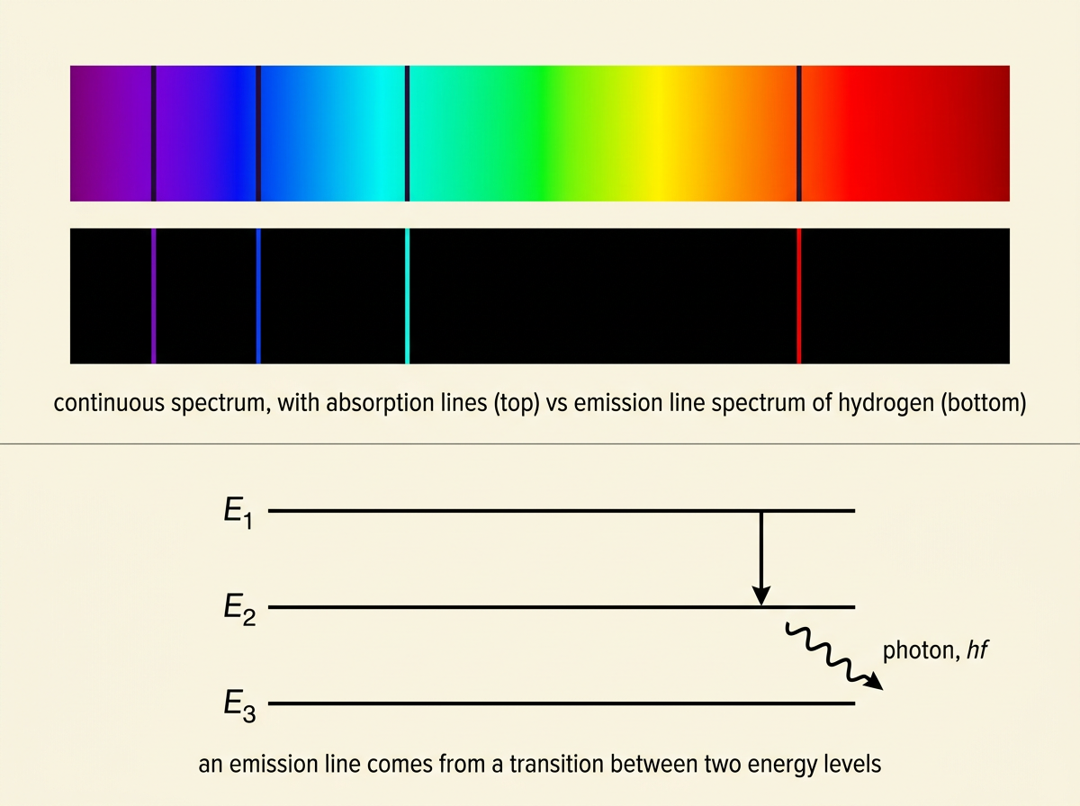 Diagram of discrete atomic energy levels drawn as horizontal lines, with an electron transition shown dropping from a higher level to a lower level and emitting a photon, alongside the resulting line spectrum.