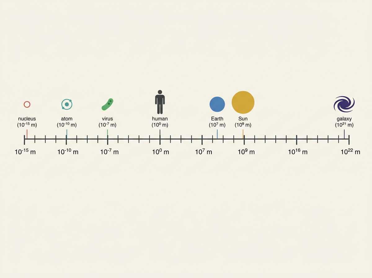 A horizontal logarithmic scale bar spanning from 10^-15 metres on the left to 10^22 metres on the right, labelled with powers of ten at regular intervals along its length. Small illustrative icons and labels are positioned above the scale at their correct order-of-magnitude location: an atomic nucleus icon at around 10^-15 m, an atom icon (electron cloud around a nucleus) at around 10^-10 m, a virus icon at around 10^-7 m, a human figure silhouette at around 10^0 m (1 metre), a depiction of planet Earth at around 10^7 m, a depiction of the Sun at around 10^9 m, and a spiral galaxy icon at around 10^21 m. Each icon has a thin leader line or tick mark connecting it down to its correct position on the scale, and a small caption underneath naming it and giving its approximate size.