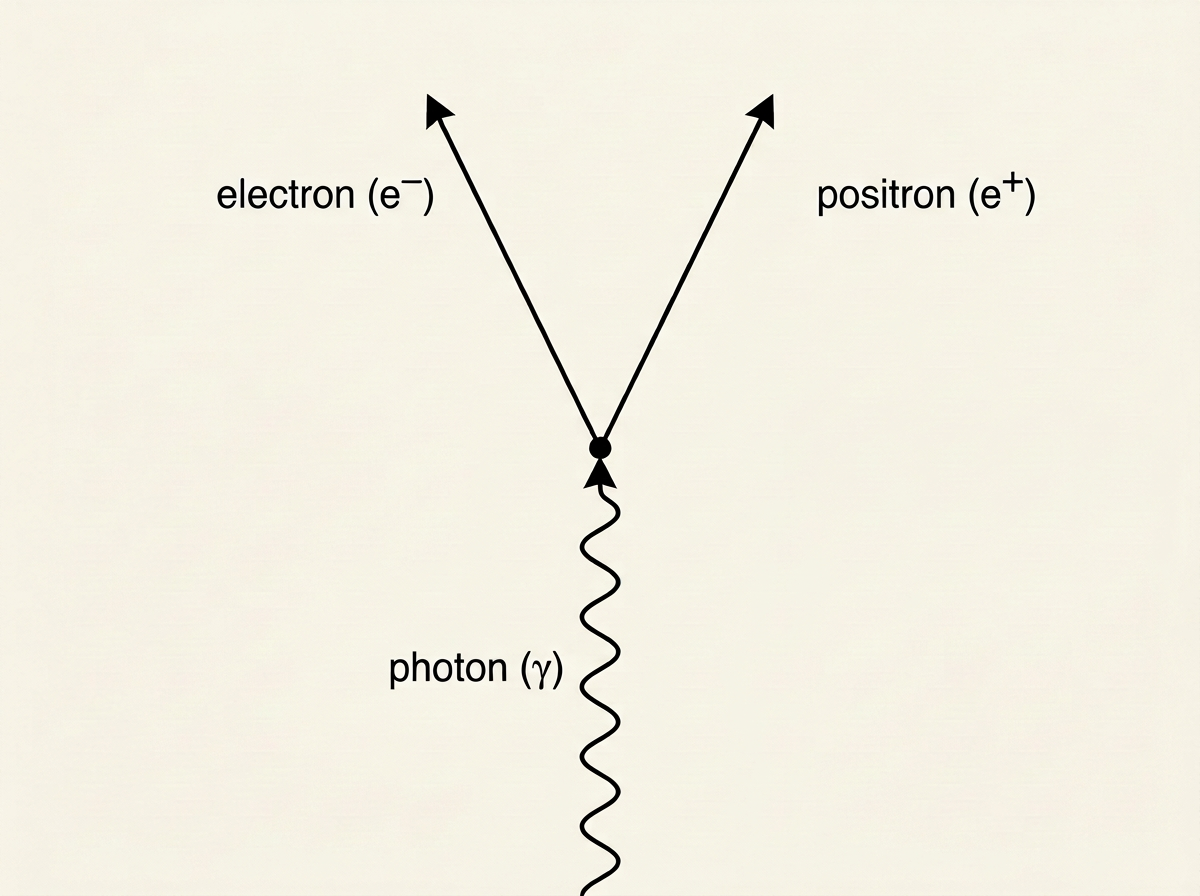 A single-vertex Feynman-style interaction diagram with time running upward, on a cream background with flat black lines. One wavy line enters from the bottom centre with an arrowhead pointing toward a single central vertex, labelled photon near its lower end. A separate nearly-straight line runs vertically up the right-hand side of the frame, passing close beside the vertex without quite touching it, with a very slight kink at the point of closest approach to show a small deflection, labelled nucleus (recoils to conserve momentum) beside it. From the central vertex, two straight lines diverge outward toward the top of the frame: one running up and to the left, labelled electron, and one running up and to the right, labelled positron, mirroring each other symmetrically about a vertical centre line through the vertex. A single small solid dot marks the vertex where the photon line and the two outgoing straight lines meet.