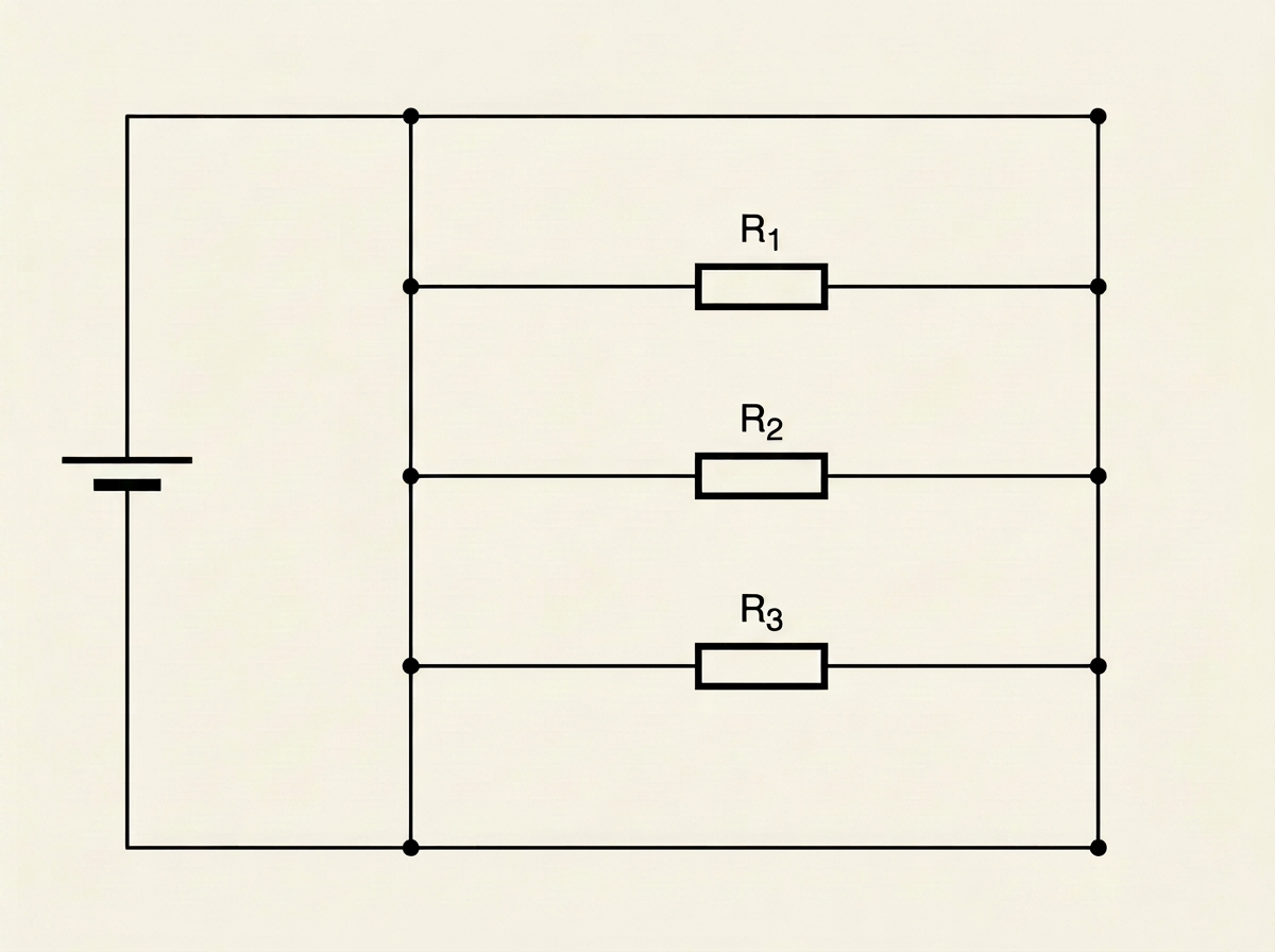 A simple circuit diagram showing a cell/battery symbol connected to three resistors R1, R2 and R3 drawn as three separate horizontal branches stacked one above another, each branch running between the same two shared vertical junction wires (one junction point on the left connecting to the positive terminal of the cell, one junction point on the right connecting back to the negative terminal), so that each resistor forms its own independent parallel path between the identical pair of junction points.