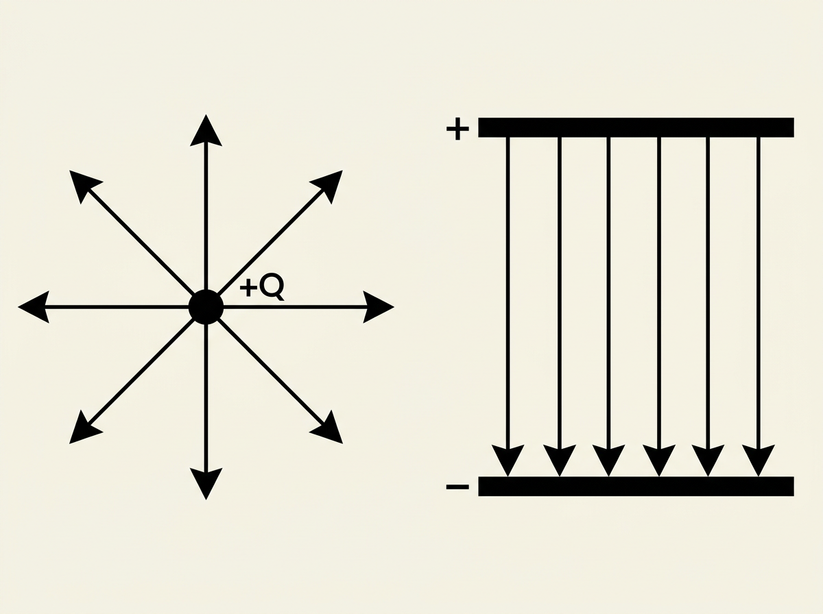 Two side-by-side diagrams: on the left a point charge with field lines radiating outward evenly in all directions; on the right two parallel plates with straight, evenly-spaced vertical field lines running from the positive plate to the negative plate.