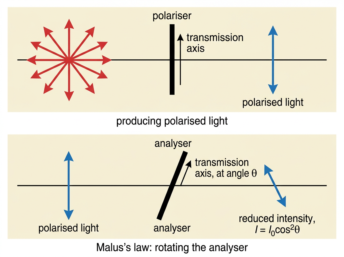 Two stacked panels. The top panel shows unpolarised light, drawn as a bundle of red double-headed arrows at many different angles around the beam axis, travelling left to right toward a vertical polarising filter marked with its transmission axis. After passing through the filter, the beam continues as a single blue double-headed arrow oscillating only in the vertical transmission-axis direction, labelled polarised light. The bottom panel shows this same polarised blue beam travelling on to a second polarising filter, the analyser, whose transmission axis is tilted at an angle theta to the vertical. The beam that emerges beyond the analyser is drawn as a shorter, fainter blue double-headed arrow along the analyser's tilted transmission axis, showing reduced amplitude.