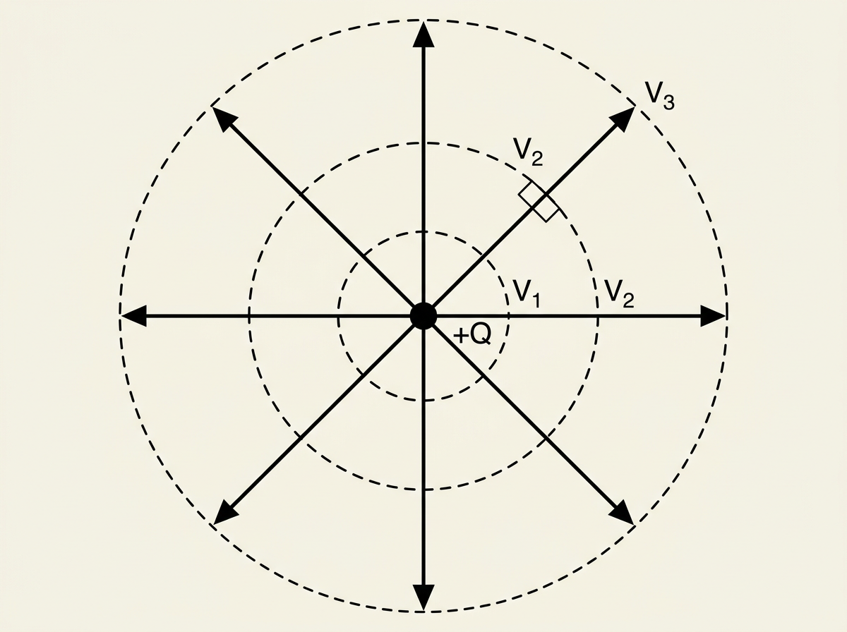 A positive point charge with field lines radiating outward, overlaid with three dashed concentric circles representing equipotential lines at increasing radii, each crossing every field line at a right angle, with the circles spaced more widely apart the further out they are.