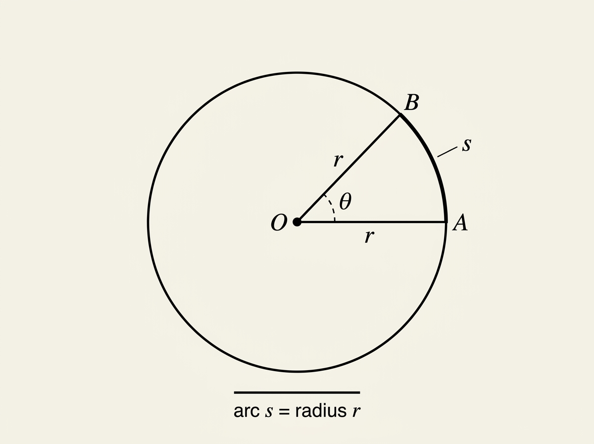 A circle centred at O with a radius r drawn to point A, and an arc from A to point B whose length s is equal to the radius, showing the angle θ between OA and OB is exactly 1 radian.