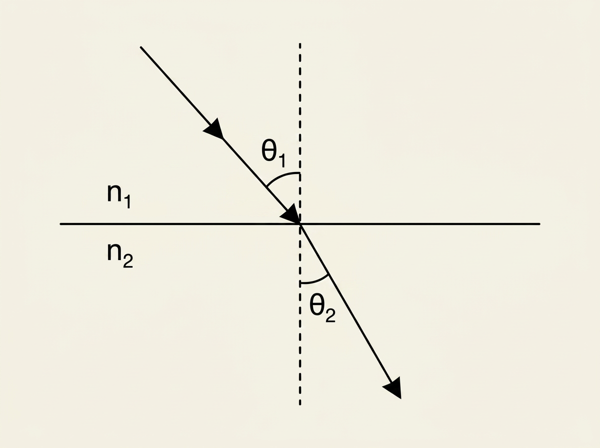 A diagram showing a horizontal boundary line separating an upper medium labelled n1 from a lower, more optically dense medium labelled n2. A dashed vertical normal line crosses the boundary at the point where a light ray meets it. An incoming ray arrives from the upper left, making an angle theta1 with the normal in the upper medium. A refracted ray continues into the lower medium, bending towards the normal, making a smaller angle theta2 with the normal below the boundary.