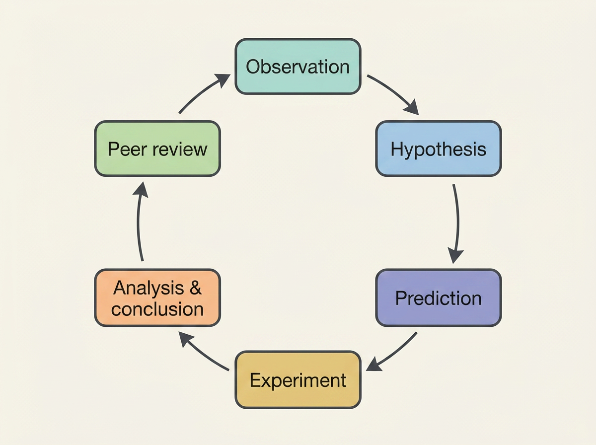 A circular flow diagram illustrating the scientific method as an ongoing cycle rather than a one-way process. Six labelled stages are arranged evenly around the circumference of a large circle, each in its own rounded rectangular box, connected in sequence by curved arrows that follow the circle clockwise: 'Observation' at the top, followed clockwise by 'Hypothesis', 'Prediction', 'Experiment', 'Analysis & conclusion', and 'Peer review', with the final arrow from 'Peer review' curving back around to 'Observation' to close the loop and show the process repeats indefinitely. The arrows are drawn as smooth curved lines with arrowheads showing the direction of flow around the circle.