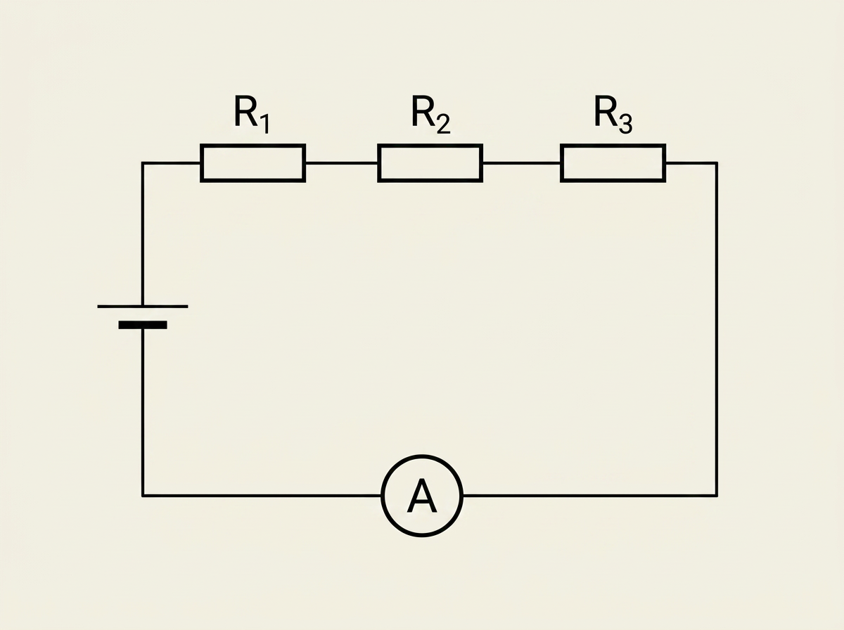 A simple circuit diagram showing a single loop with a cell/battery symbol on the left-hand side connected by wires to three resistor symbols (zig-zag rectangles) drawn one after another in a single chain around the loop, labelled R1, R2 and R3, with a single ammeter symbol (a circle with the letter A inside) placed in the wire of the loop showing that the same current flows through the cell and all three resistors in turn.