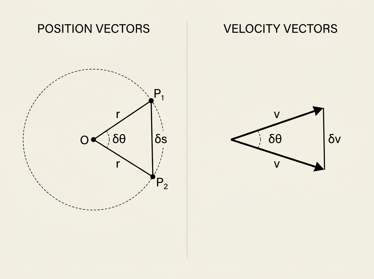 Two panels side by side: on the left, a circle of radius r with two position vectors to two nearby points P1 and P2 separated by a small angle δθ, forming a narrow triangle with the short displacement δs between them; on the right, the two velocity vectors v drawn from a shared tail, also separated by the small angle δθ, with the small vector δv connecting their tips — the same narrow triangle shape as the left panel.