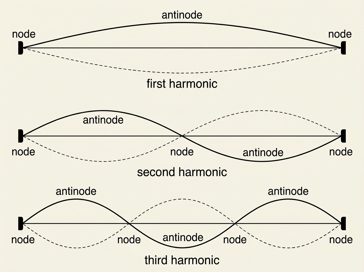 Three separate horizontal diagrams stacked vertically, each showing a string fixed at both ends (marked with small solid anchor symbols at each end) vibrating in a different standing-wave pattern, with a faint dashed outline showing the string at maximum upward and downward displacement simultaneously to indicate the full oscillation envelope. The top diagram shows the simplest pattern: a single symmetric loop bulging between the two fixed ends, with a node labelled at each fixed end and one antinode labelled at the centre peak, captioned first harmonic. The middle diagram shows two full loops side by side, alternating up and down, with three nodes labelled (one at each end, one exactly in the middle) and two antinodes labelled at the centre of each loop, captioned second harmonic. The bottom diagram shows three loops, with four nodes labelled (two ends plus two evenly spaced interior points) and three antinodes labelled at the centre of each loop, captioned third harmonic.