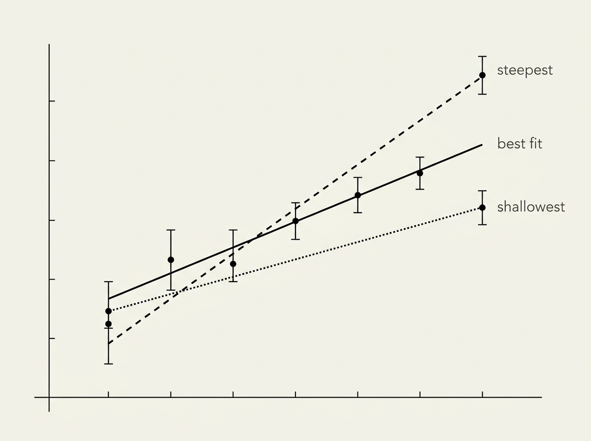 A scatter graph on labelled x and y axes showing around seven data points, each drawn as a small dot with a short vertical error bar through it (a thin vertical line extending a little above and below the point, indicating the uncertainty range in the y-value). Three straight lines are drawn across the graph: a solid best-fit line running centrally through the middle of the scatter of points, and two dashed lines — one steeper line and one shallower line — that each still pass through every single error bar on the graph, showing the maximum and minimum plausible gradients consistent with the data. The steepest dashed line and shallowest dashed line visibly diverge from the solid best-fit line, fanning out on either side of it, and a small legend identifies the three lines as 'best fit', 'steepest', and 'shallowest'.