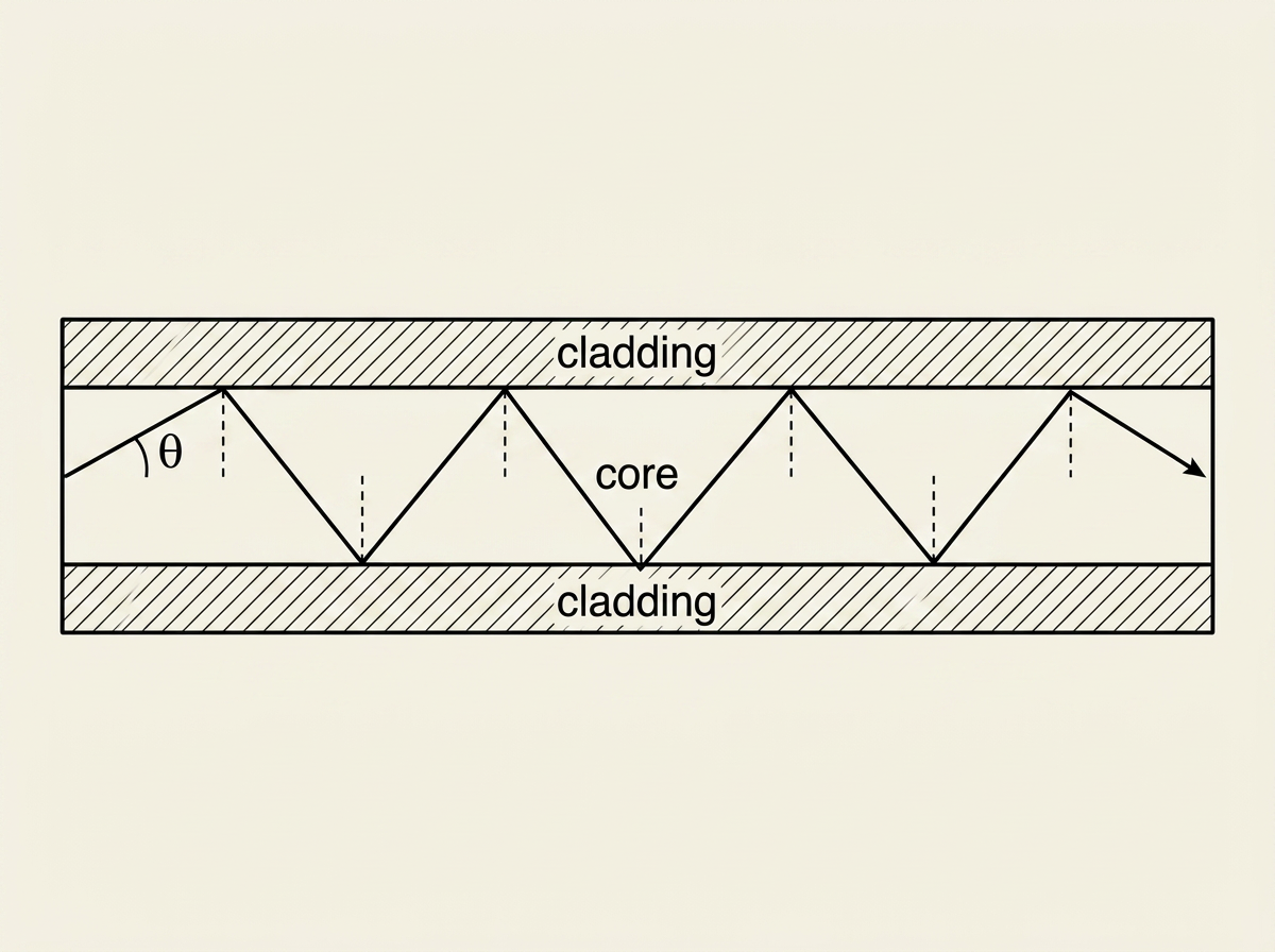A long thin horizontal cross-section of a step-index optical fibre. A wide central band running the full length is labelled core, shaded to represent a higher refractive index, surrounded above and below by a thinner band labelled cladding, shaded to represent a lower refractive index. A zigzag light ray enters from the left inside the core and bounces repeatedly between the upper and lower core-cladding boundaries at a shallow angle, travelling rightward along the fibre, with small angle markers shown at each bounce point against dashed normal lines.