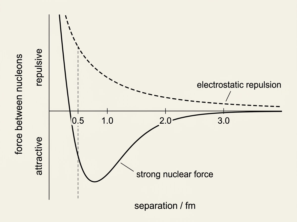 A graph of force between nucleons against separation in femtometres. The vertical axis is labelled force between nucleons, with regions marked repulsive above the horizontal axis and attractive below it. The horizontal axis is labelled separation in femtometres, with tick marks at 0.5, 1.0, 2.0 and 3.0. A solid curve, the strong nuclear force, starts high and repulsive at very small separations, falls steeply, crosses into the attractive region just past 0.5 femtometres, reaches its most attractive point shortly after, then rises back up through zero near 3.0 femtometres and stays flat at zero beyond that. A dashed curve, electrostatic repulsion between two protons, starts high at small separations and falls off much more gradually, staying above the axis (repulsive) at every separation shown, never crossing into the attractive region.