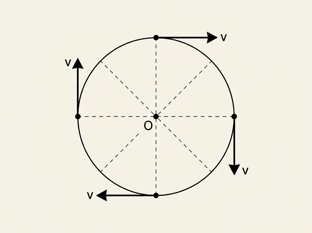 A particle moving around a circular path shown at four positions, with a tangential velocity arrow drawn at each position perpendicular to the radius line at that point.