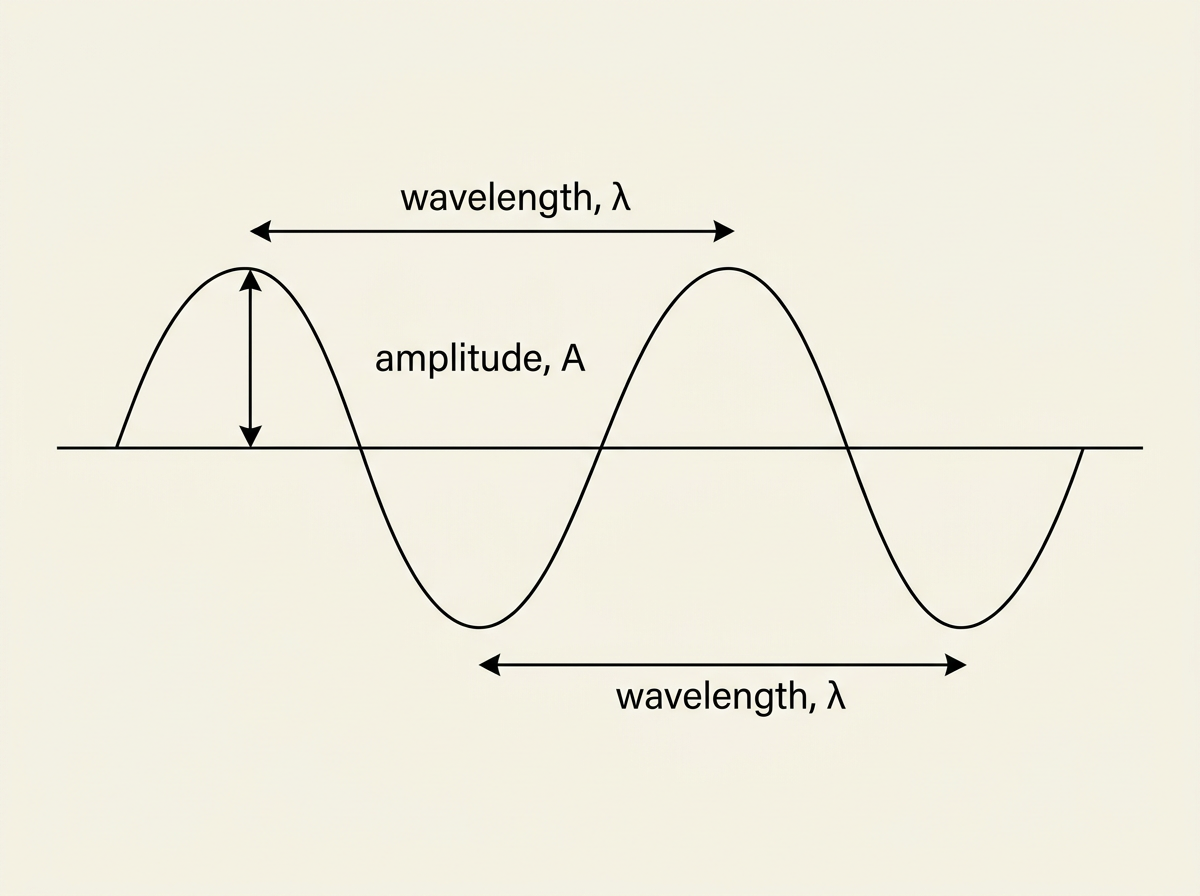 A single smooth transverse wave drawn as a continuous sine-shaped curve on a horizontal axis representing the undisturbed equilibrium position, spanning slightly more than two full wavelengths from left to right. The curve rises to a rounded crest, falls through the equilibrium axis to a rounded trough, and repeats this pattern smoothly. A vertical double-headed arrow is drawn from the equilibrium axis up to the peak of one crest, labelled amplitude A. A horizontal double-headed arrow spans the distance between two adjacent crests, labelled wavelength lambda. A second horizontal double-headed arrow, drawn lower and separately, spans the distance between one point on the curve crossing the equilibrium axis while heading upward and the next equivalent point one full cycle later, also labelled wavelength lambda, to reinforce that wavelength can be measured between any two equivalent points a full cycle apart, not only crest to crest.