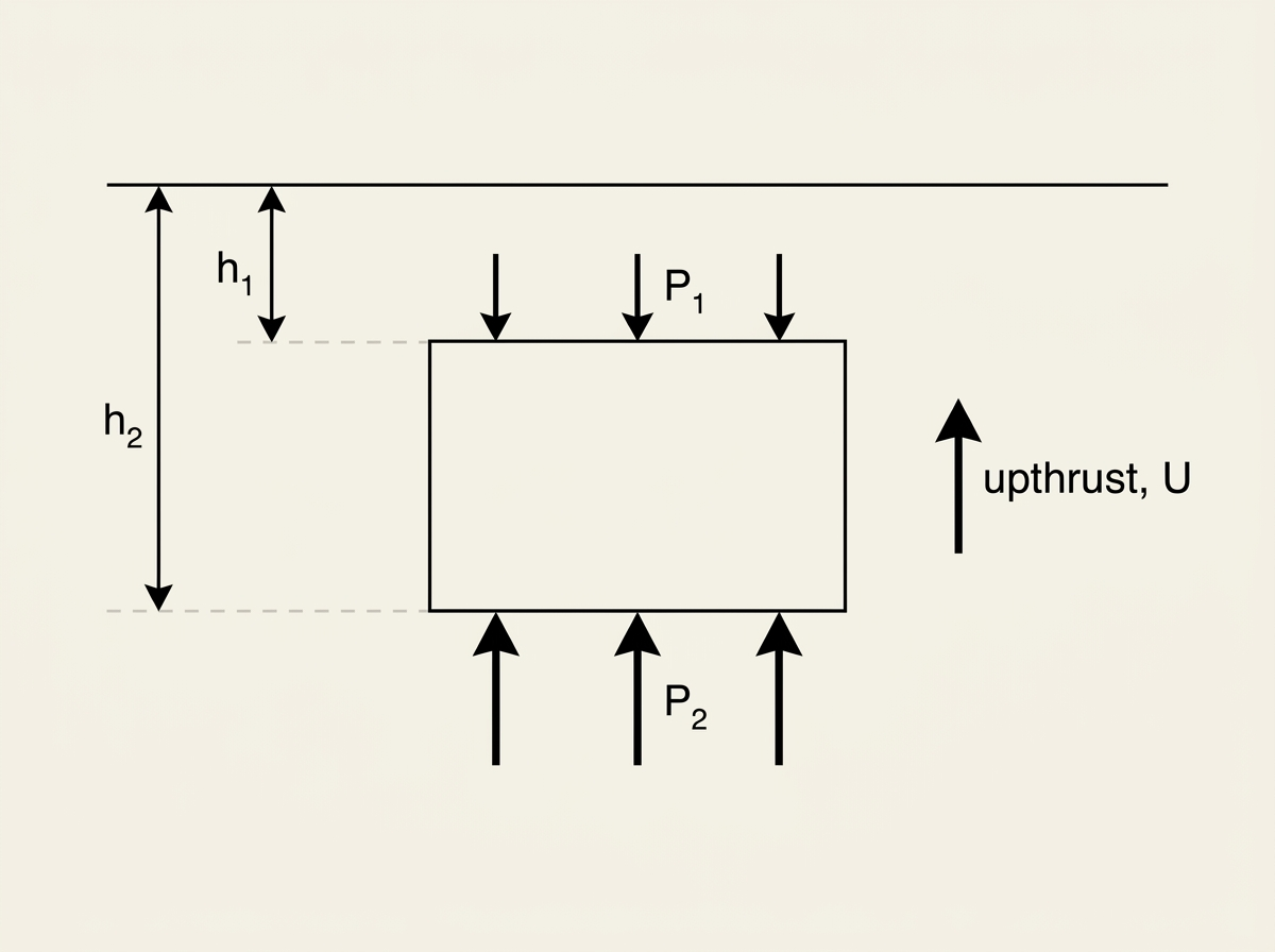 A rectangular block fully submerged in a fluid, shown in cross-section. The top face of the block is at a shallower depth h1 below the fluid surface, and the bottom face is at a greater depth h2. Downward-pointing arrows labelled P1 push down on the top face, and upward-pointing arrows labelled P2, drawn larger than the P1 arrows, push up on the bottom face, indicating that the pressure and resulting force on the bottom face is greater than on the top face. A net upward arrow labelled upthrust U is shown to the side of the block, representing the resultant force.