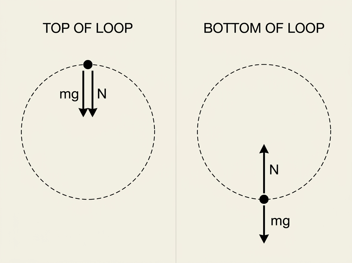 A vertical circular loop track shown as three panels: the top of the loop, with both the weight mg and normal force N pointing downward toward the centre; the side of the loop, with the normal force N pointing horizontally toward the centre and the weight mg pointing straight down, tangential to the circle; and the bottom of the loop, with the weight mg pointing downward and the normal force N pointing upward toward the centre.
