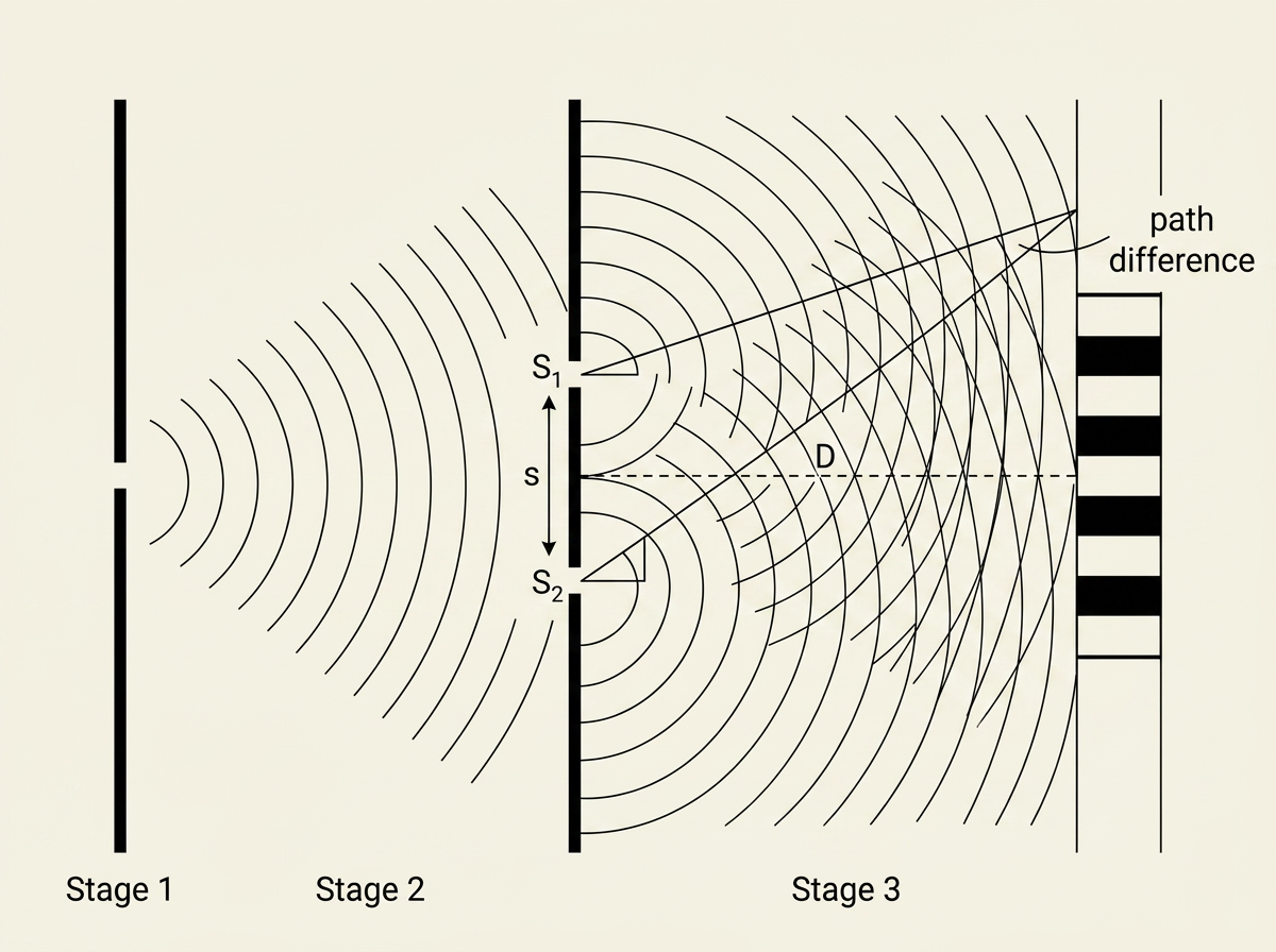 Diagram of Young's double-slit experiment showing two slits acting as coherent sources, with waves spreading out and overlapping to produce a path difference at a point on a distant screen, resulting in alternating bright and dark fringes.